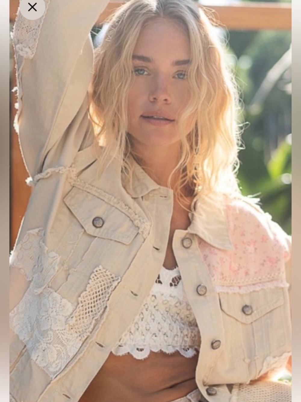 #184-42 New POL Beige and Pink Jean Jacket with Crochet Accents